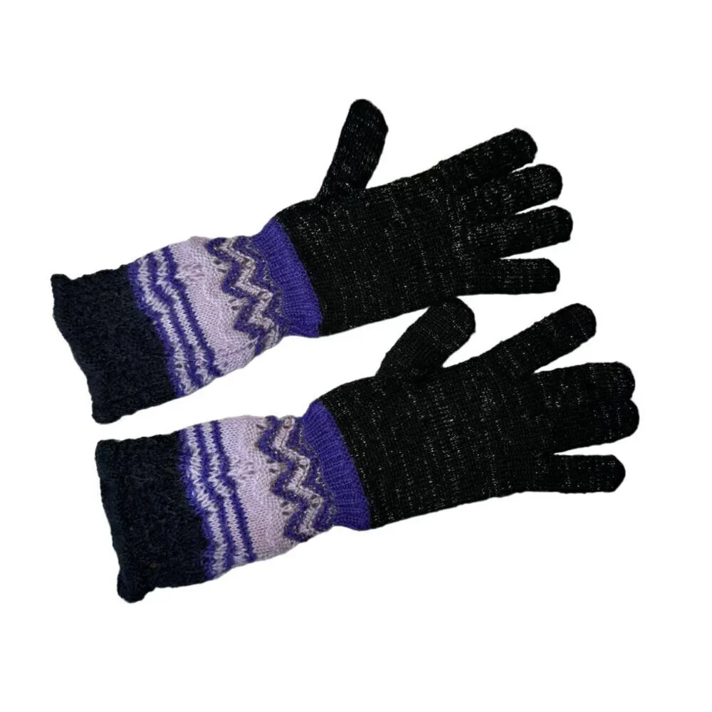 New Missoni Gloves Knit Wool Black Long Purple Cuff Winter Accessories Boho